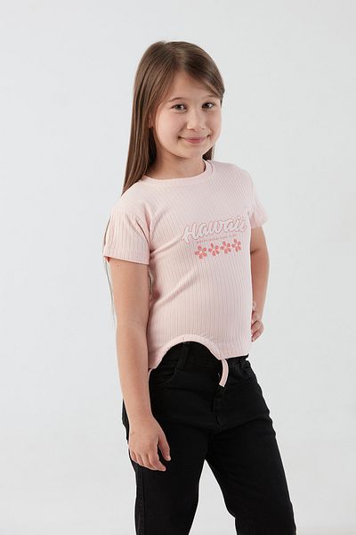 Fulla Moda Hawaiian Text Printed Ribbed Side Drawstring Girl's T-Shirt