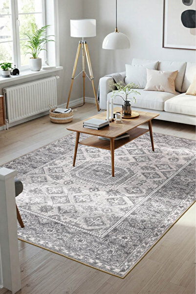 ARTLOOP Stonart Eskitme Vintage Desenli Gri Otantik Yıkanabilir Şönil Halı AL 456
