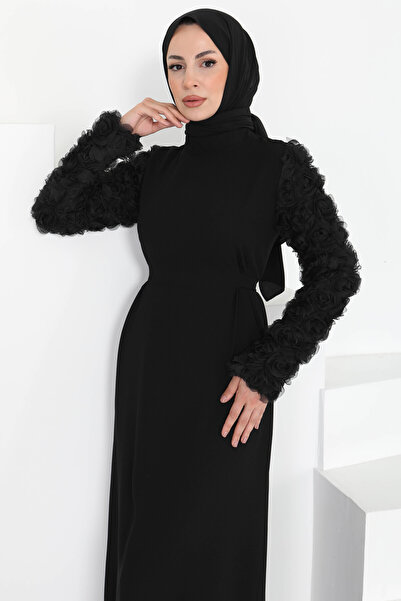 TOFİSA Kolu Güllü Elbise Siyah - 27185
