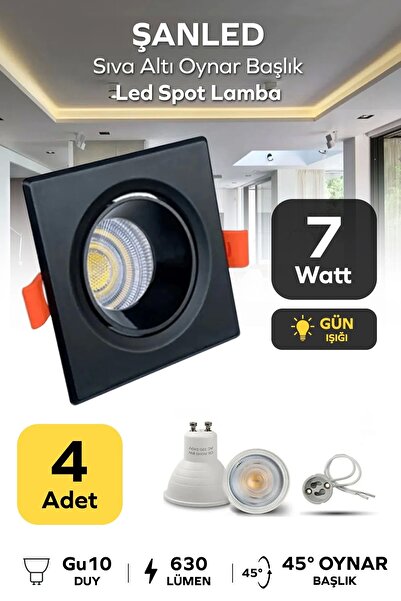 ŞANLED 7w Sıva Altı Oynar Başlık Gu10 Kare Siyah Kasa Gün Işığı Led Spot Lamb...