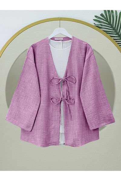 Modamorfo Lace Front Linen Kimono - Cherry