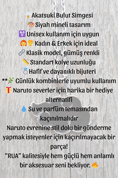 Rua Jewelry Naruto Anime Akatsuki Cloud Necklace - Black Enamel Silver Color Classic with Chain