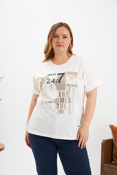 RMG Stone and Print Detailed Large Size T-Shirt Ecru