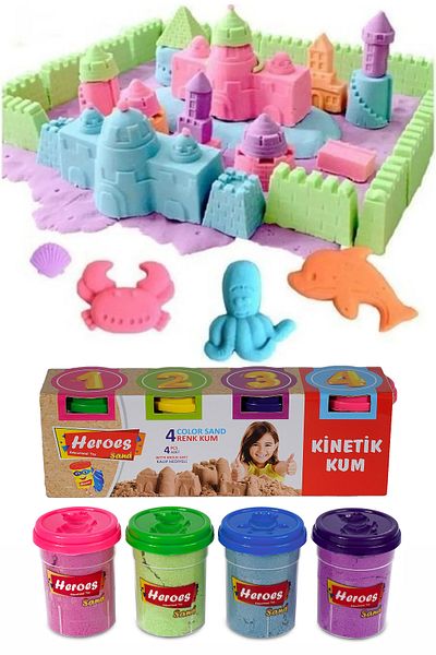 HEROES Kinetic Sand Set of 4 – 800 Gr Pink, Green, Blue, Purple Color Play Sand + Shaped Cover Molds