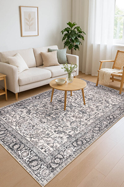 ARTLOOP Stonart Eskitme Vintage Desenli Bej/Gri Otantik Yıkanabilir Şönil Hal...