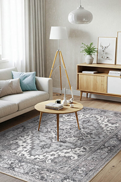 ARTLOOP Stonart Eskitme Vintage Desenli Gri Otantik Yıkanabilir Şönil Halı AL 455