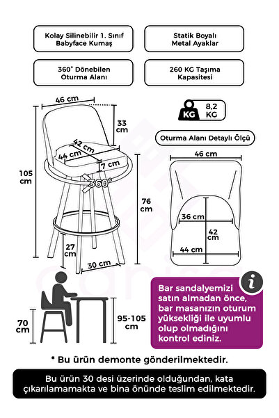 Canisa Atex Serisi 1 Adet Gri Bar Sandalyesi 360°c Döner Bar Sandalyesi Babyface Kumaş Siyah Metal Ayaklı