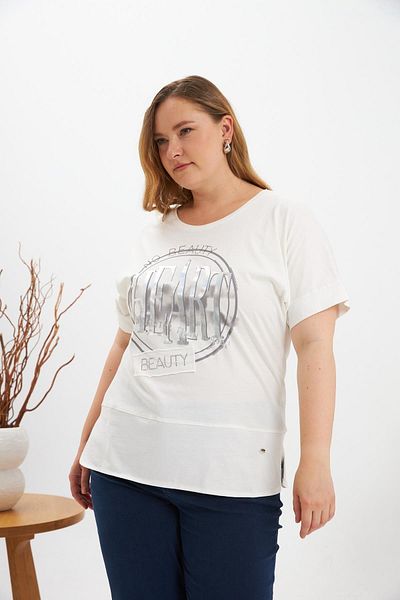 RMG Heart Print Detailed Large Size T-Shirt Ecru