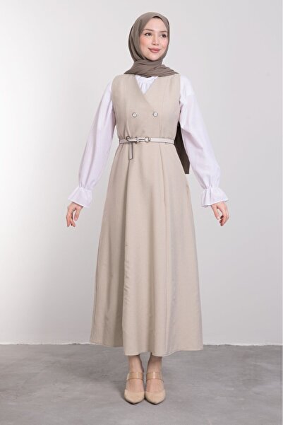 Lamia Giyim Yakası V Düğmeli Kemerli Tesettür Elbise Vizon