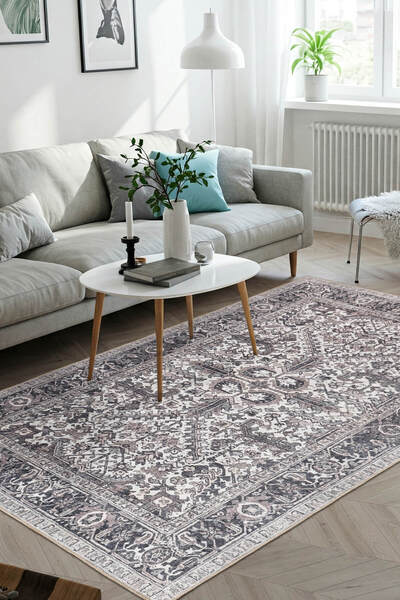 ARTLOOP Stonart Eskitme Vintage Desenli Gri Otantik Yıkanabilir Şönil Halı AL 453