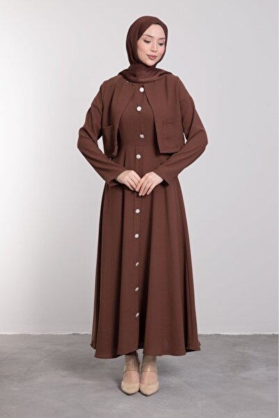 Lamia Giyim Crop Ceket Detaylı Sıfır Kol Tesettür Elbise Kahverengi