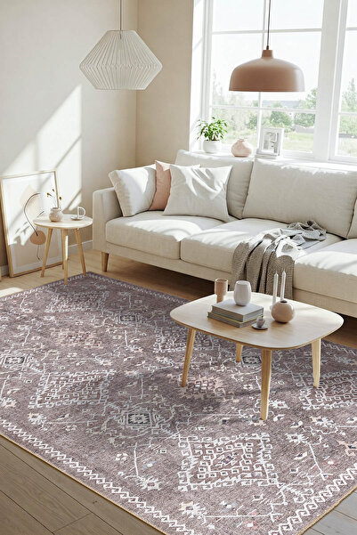 ARTLOOP Stonart Eskitme Vintage Desenli Kahverengi Otantik Yıkanabilir Şönil Halı AL 463