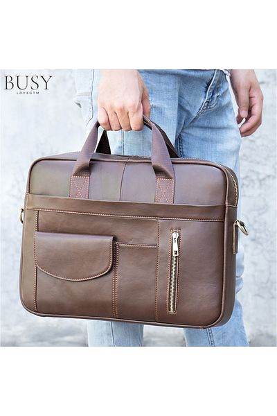 Busy Lady&Gentleman Laptop Bag 15.6' Creek, Genuine Leather, Unisex Briefcase, Shoulder, Hand, Brown