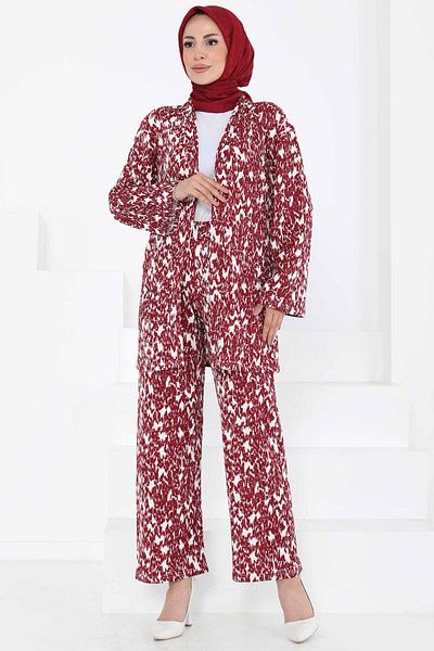 TOFİSA Patterned Kimono Set Claret Red - 27132