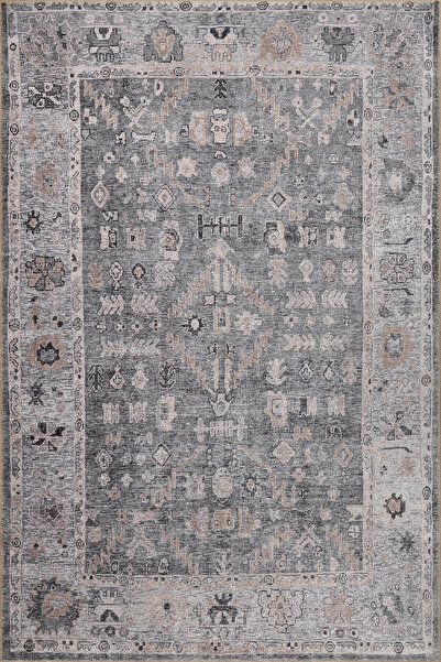 ARTLOOP Stonart Eskitme Vintage Desenli Gri Otantik Yıkanabilir Şönil Halı AL 467