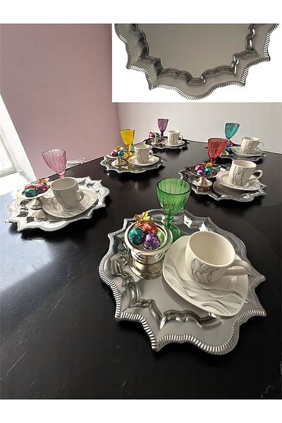 AHİR TİCARET Model in Love 25 cm Round Tea, Coffee, Cake Serving Tray Set of 6