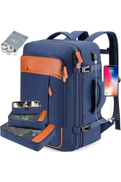 OEM Rucsac de călătorie, extensibil cu capacitate de 40 l, include 4 genți, impermeabil, cu port USB, albastru
