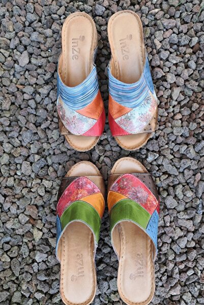 İNZE AYAKKABI Multicolored Green Genuine Leather Slippers-model: Hydrangea