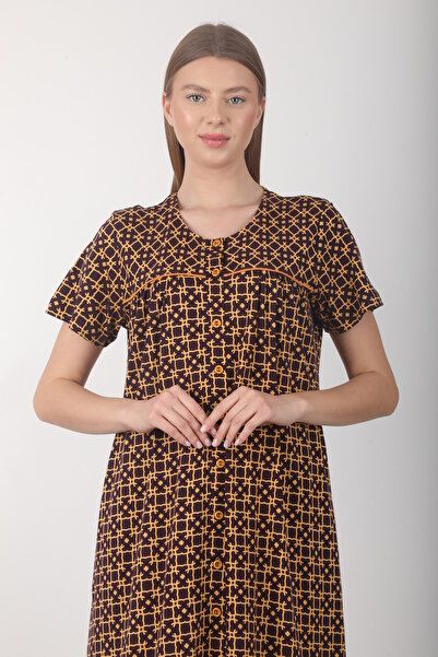 Wild Love Brown Geometric Patterned Buttoned Long Women's Dress