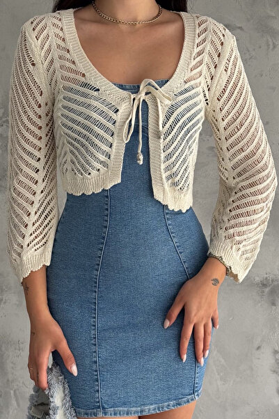 Swana Kadın Önü Bağlamalı File Hırka -Bej