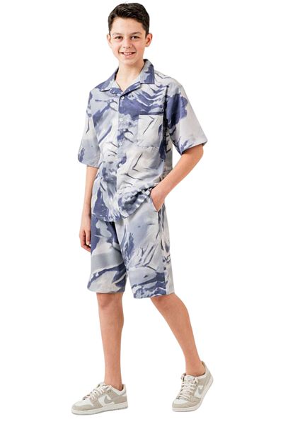 İrem Çocuk Giyim Boy's Tie Dye Patterned Blue Shirt Shorts Oversize Double Set