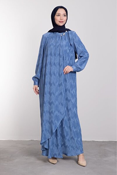 Lamia Giyim İncili Detaylı Zikzak Desenli Tesettür Elbise Mavi