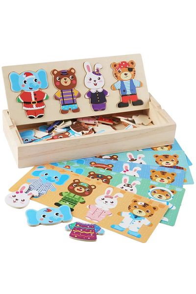 OEM Wooden Puzzle in a Box, Dress Up the Animals, Montessori