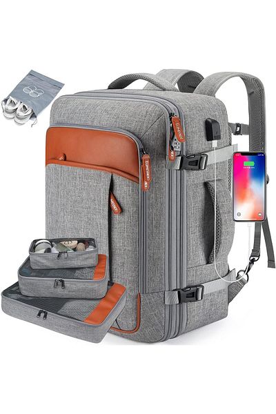OEM Travel Backpack, Expandable with 40L Capacity, Includes 4 Bags, Waterproof, with USB Port, Gray