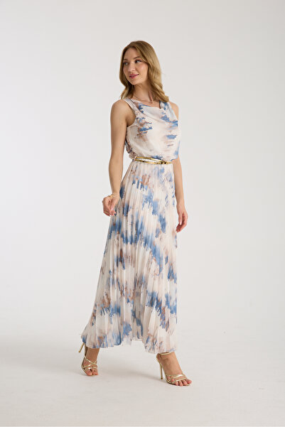 ŞEYDA ERTEM MAVİ RENGİ PARLAMENT MAVİSİ FIRCA DESENLİ PLİSE ELBİSE