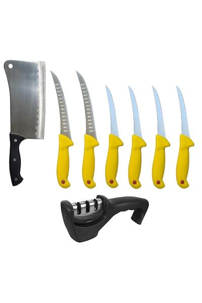 Globalport Retail Professional Butcher Set 8 Pieces: 4 Boning Knives, 2 Threading Knives, Cleaver, 3 Level Sharpener