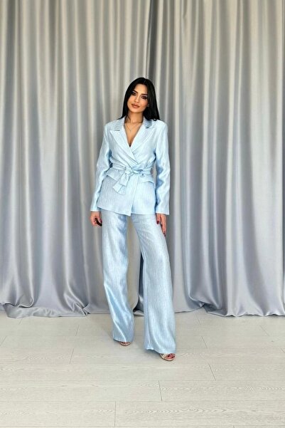 MODA طقم جاكيت وبنطلون بحزام خصر أزرق لامع