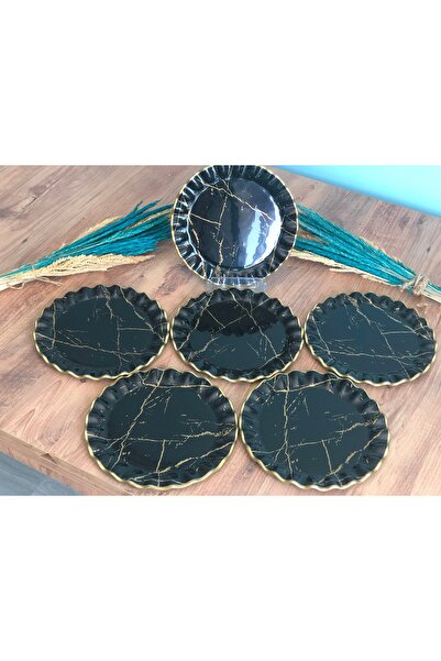 B&M Siyah Mermer Kıvrımlı Pasta Tabağı 6 Adet
