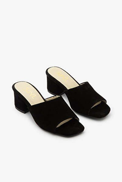 SAYL Siyah Süet Hakiki Deri Kalın Topuklu Kadın Terlik