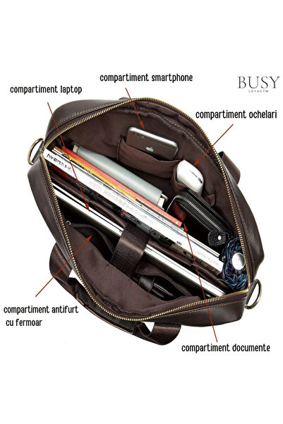 Busy Lady&Gentleman Geantă laptop 15.6' închisă la culoare, piele naturală, servietă unisex, compartimente multiple, maro închis