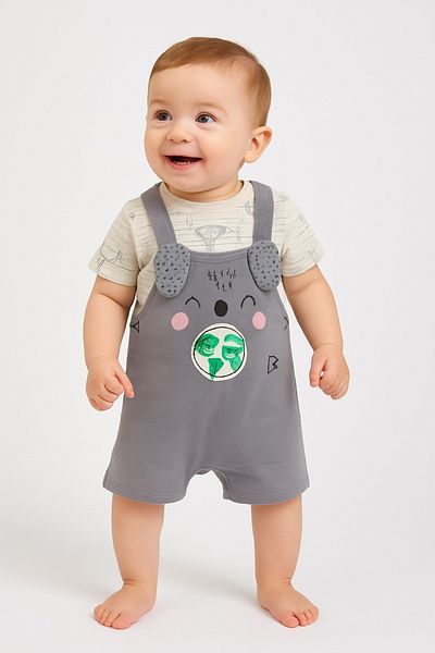 wakawakakidsstore Koala and the World Printed Gray Baby Salopet Set (2 Pieces)