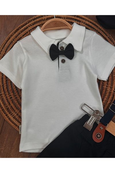 bebicix Linen Shorts with Suspender Belt and Bow Tie Hat Polo Collar Tee Shirt 5-Piece Men's Suit