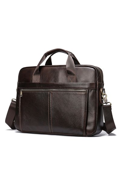 Busy Lady&Gentleman Laptop bag 15.6' Dark, genuine leather, unisex briefcase, multiple compartments, dark brown