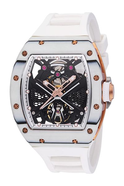 ALDEN ROYSTON Men's Luxury Automatic Skeleton Watch – White Strap, Rose Gold Accents