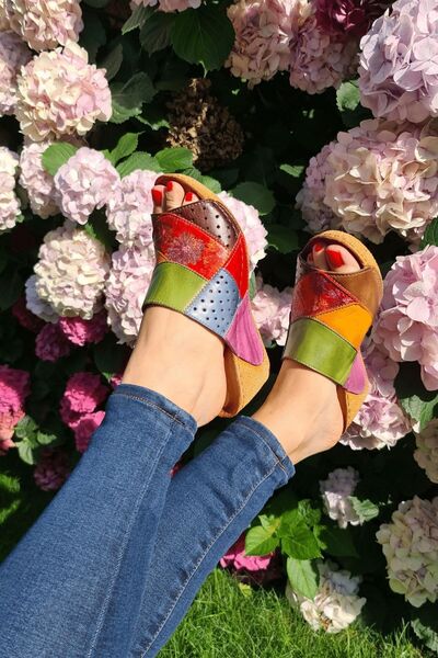 İNZE AYAKKABI Papuci din piele naturală verde multicolor-model: Hortensia