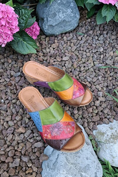İNZE AYAKKABI Multicolored Green Genuine Leather Slippers-model: Hydrangea
