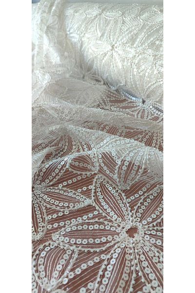 River Fabrics Sequin-Stone Evening Dress Fabric White