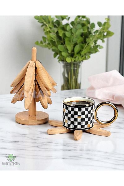 SANALTİCARETİM 4-Piece Wooden Trivet with Stand - Bamboo Trivet - Practical Folding Trivet - Bamboo Coaster