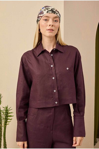 HEQA Linen Crop Shirt Claret Red