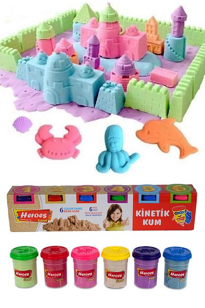 HEROES 6-Piece Kinetic Sand Set – 1200 Gr Pink Green Blue Purple Purple Red Yellow - Shaped Mold Play Sand with Lid