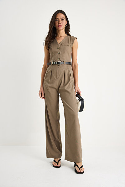 Bianco Lucci Women's V-Neck Belted Pocket Wide Leg Jumpsuit 90021 60283050