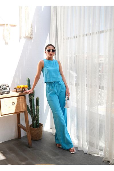 OUZ Fashion Women Linen Blouse and Pants Suit
