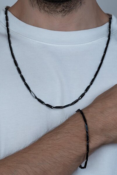 Takı Dükkanı Siyah Renk Kare Küp Model Unisex Çelik Kolye ve Bileklik Seti ec...