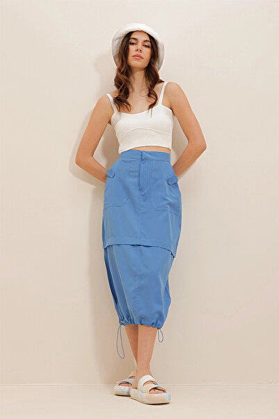 VAGGON Γυναικεία φούστα μπλε αεροπορικής εταιρείας με διπλή τσέπη με ελαστική άκρη φούστας μεσαίου μήκους υφασμένη φούστα Vgn230012