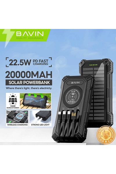 Bavin 20000mAh Solar Power Bank with Wireless Charging, Built-in Flashlight, and 4 Cables