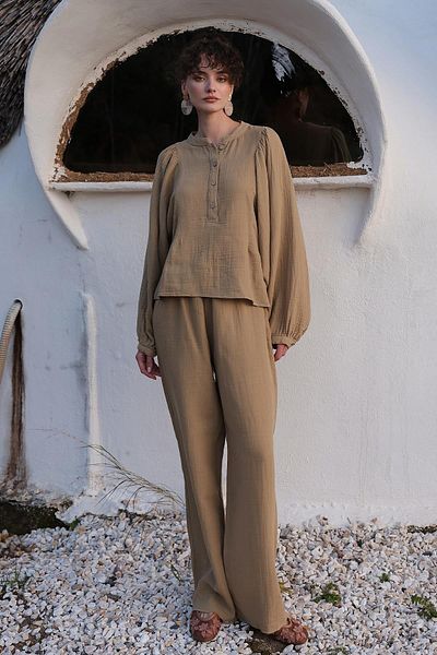 Olcay Blouse with Gathered Sleeves and Trousers Muslin Set Safran 9341-Tk